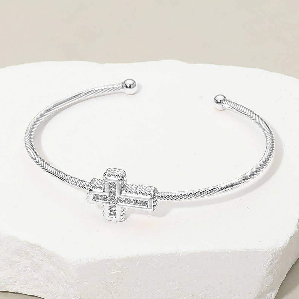 14K Gold Plated CZ Stone Paved Cross Accent Cuff Bracelet