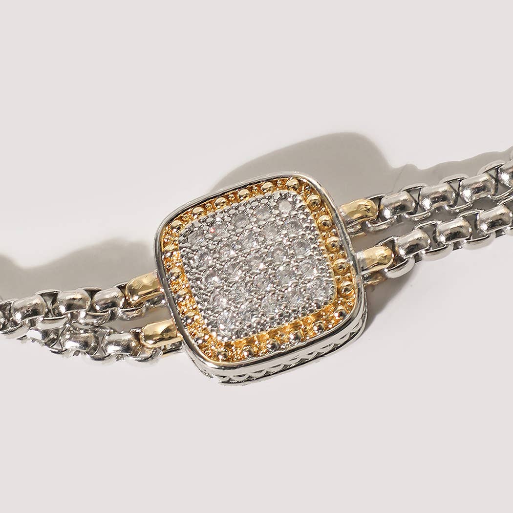 Two-Tone Box Chain Square Pave Magnetic Bracelet