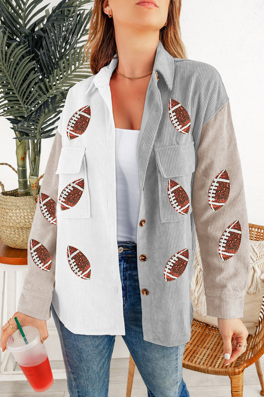 White Sequin Football Graphic Flap Pockets Corduroy Shacket