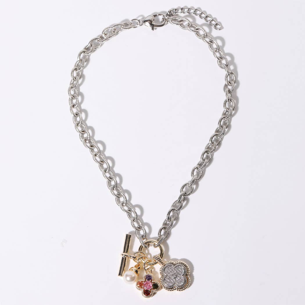 Clover & Pearl Charm Chunky Rope Chain Necklace