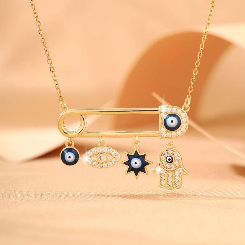 Safety Pin Evil Eye Hamsa Hand Necklace in Solid Copper