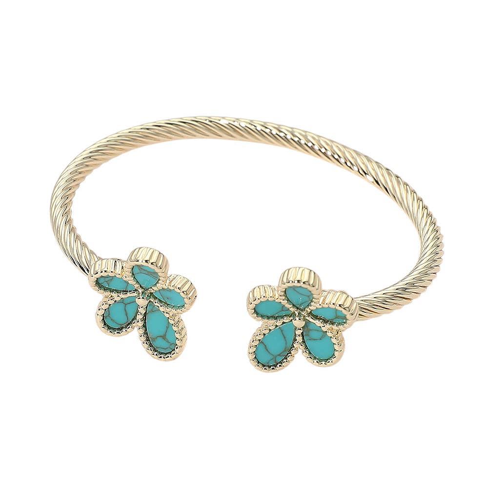 14K Gold Plated Turquoise Floral Tip Twisted Cuff Bracelet