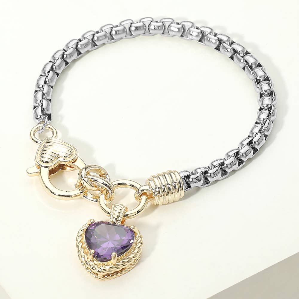 Two Tone Stone Heart Charm Bracelet