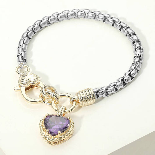 Two Tone Stone Heart Charm Bracelet