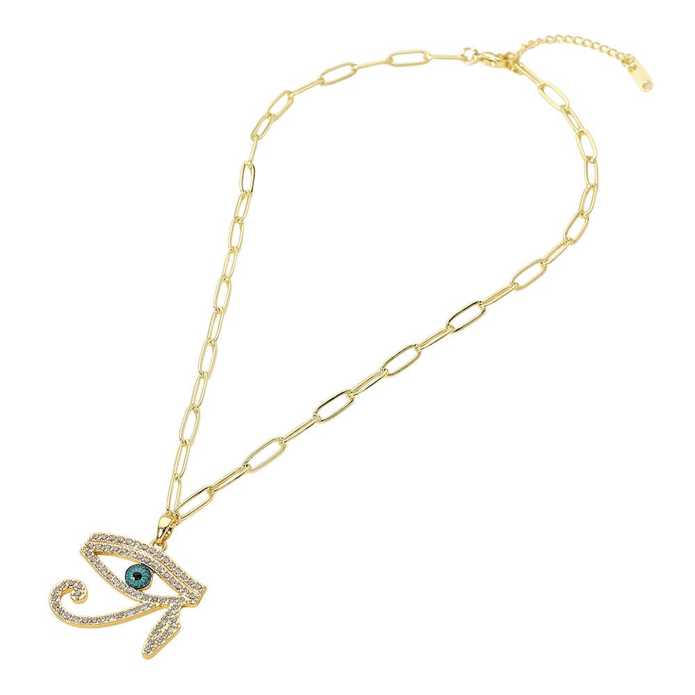 Stainless Steel CZ Stone Paved Eye of Horus Pendant Paperclip Chain Necklace