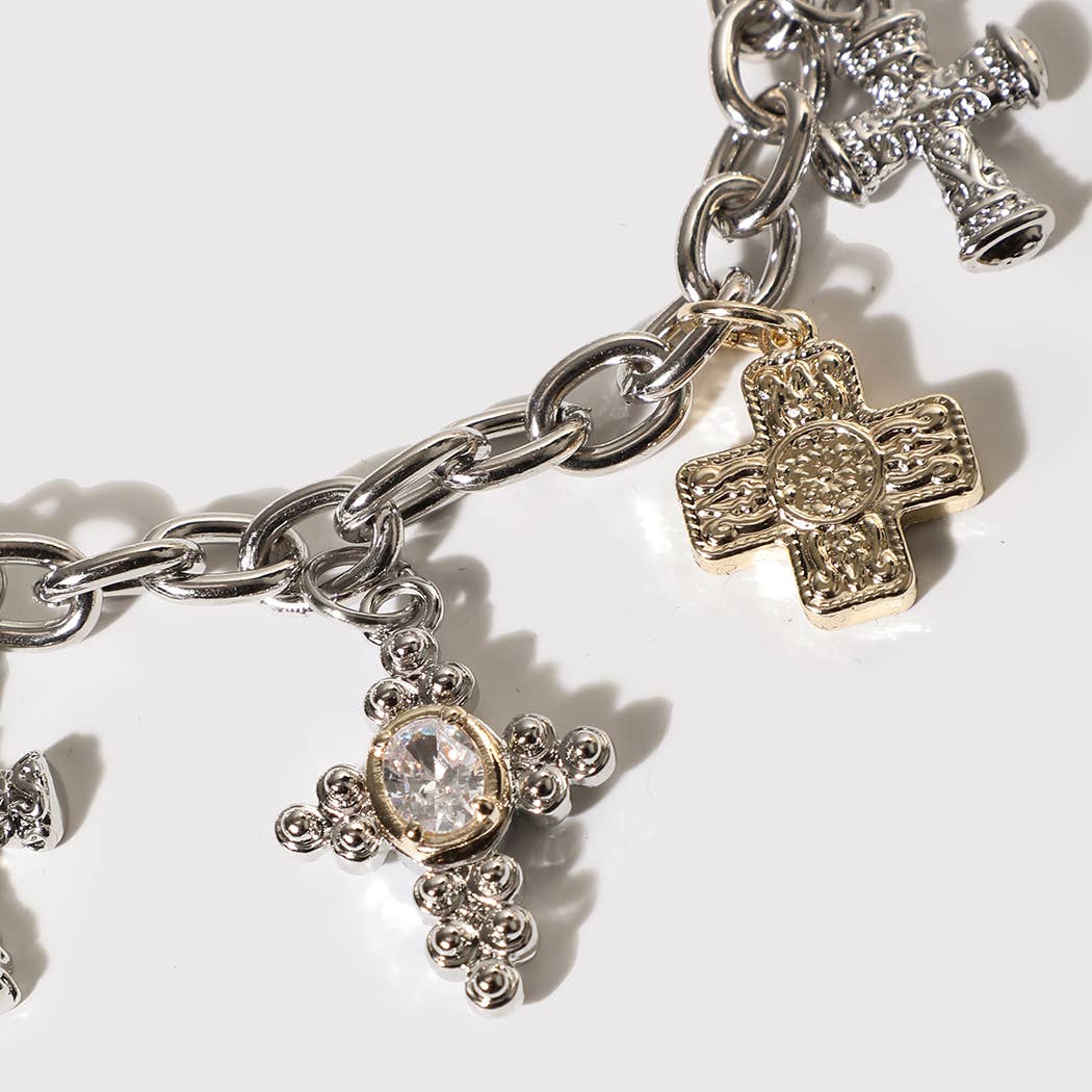 Two Tone 5 Cross Charm Link Bracelet