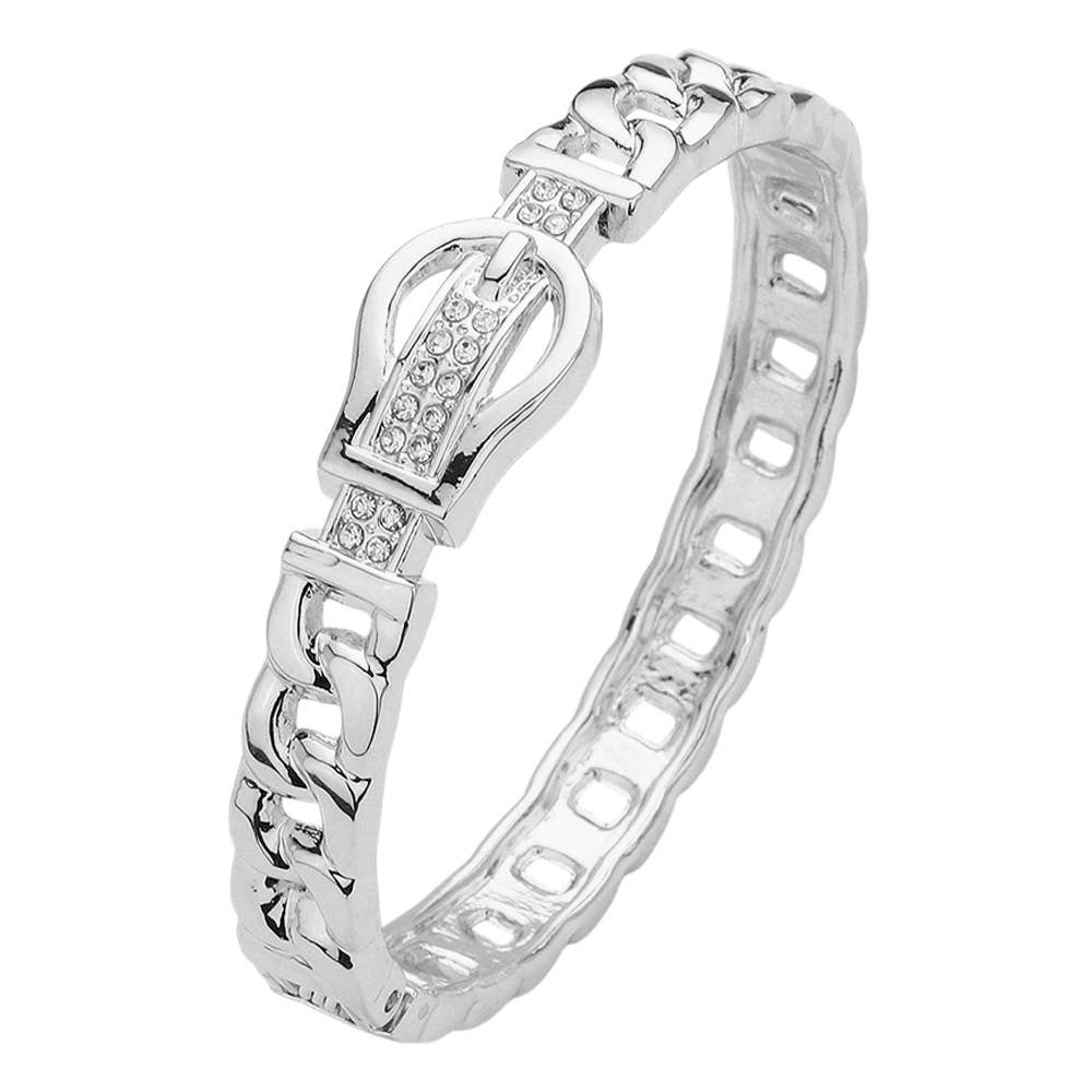 Stone Paved Belt Buckle Accented Cuban Chain Bangle Bracelet