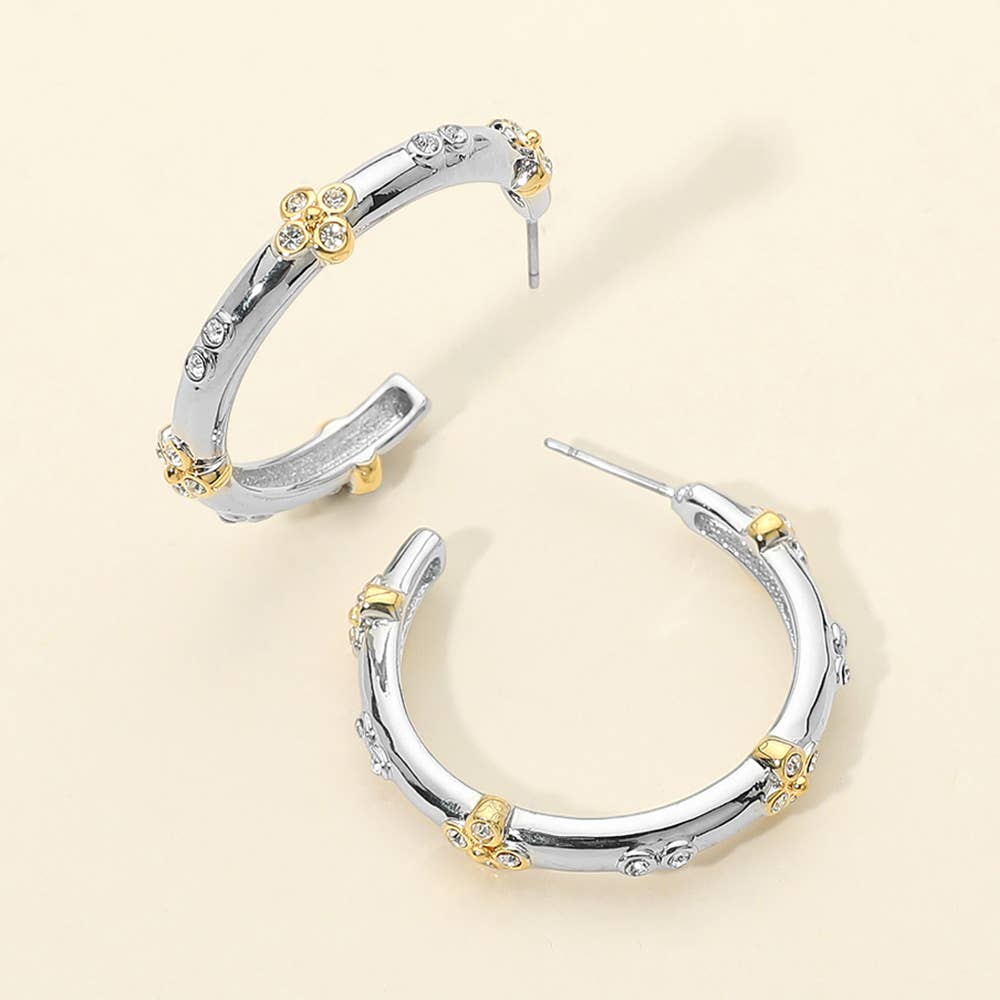 Two Tone Crystal Floral Accent Hoop Earrings