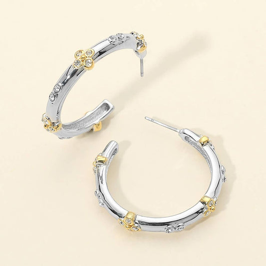 Two Tone Crystal Floral Accent Hoop Earrings