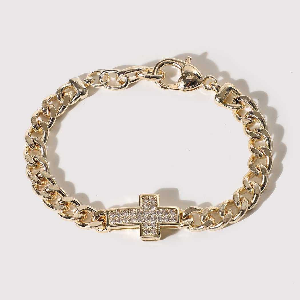 Gold Cuban Link Pave Cross Bracelet