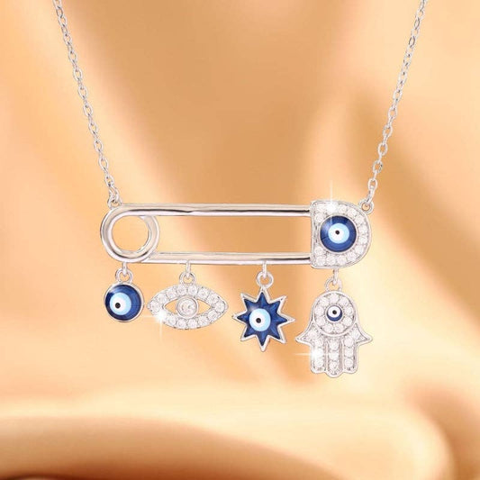 Safety Pin Evil Eye Hamsa Hand Necklace in Solid Copper