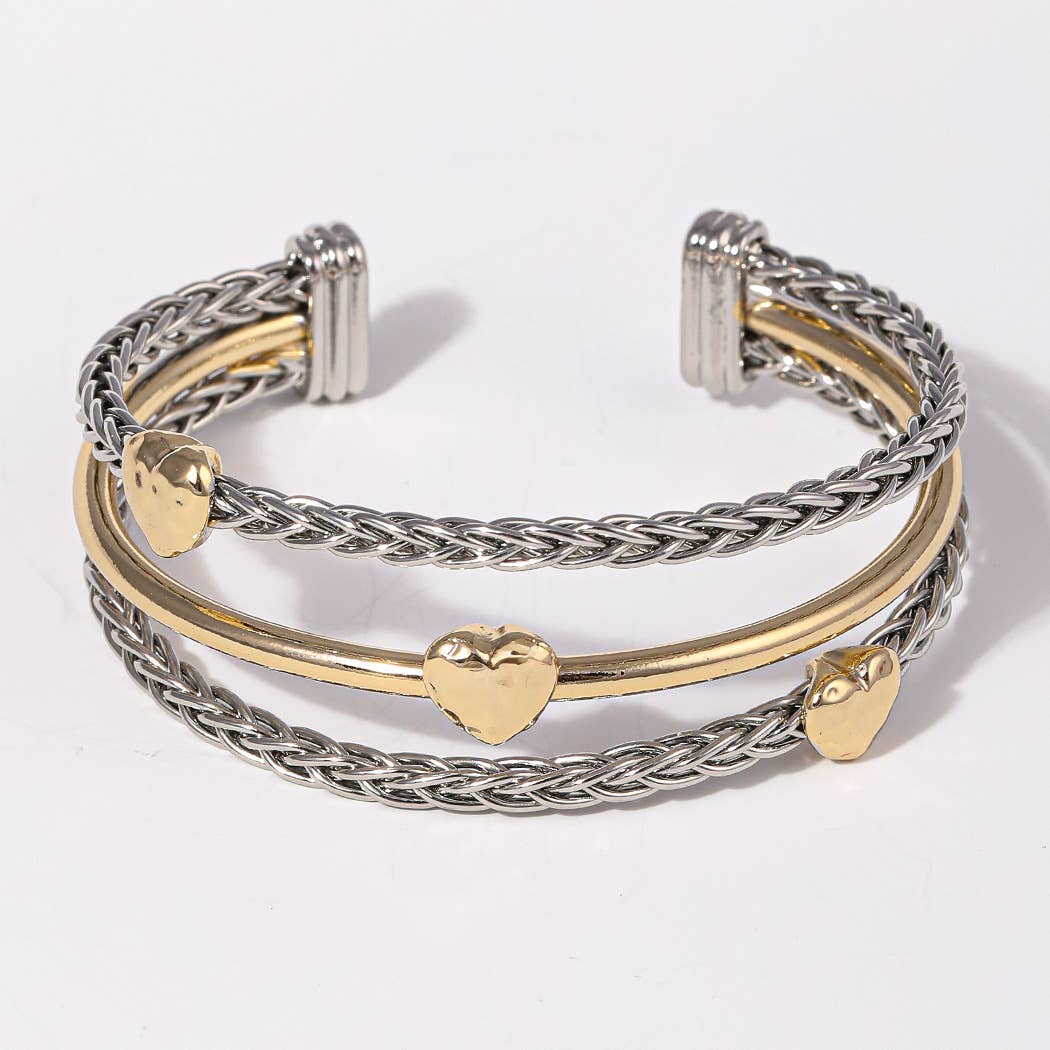 Heart 3 Layer Two-Tone Braided Cuff Bracelet