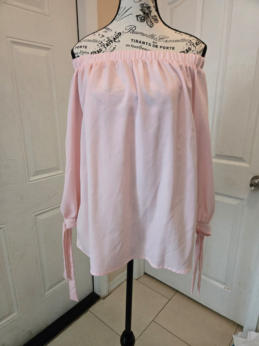 Light Pink Off‑The‑Shoulder Long‑Sleeve Blouse – Size Medium (No Brand Listed)