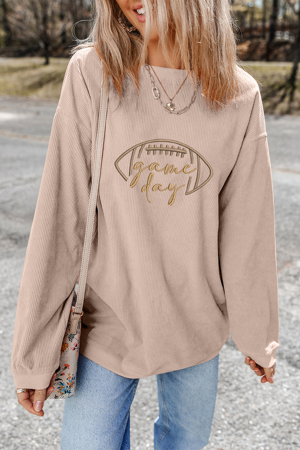 Apricot Football Game Day Embroidered Corduroy Sweatshirt