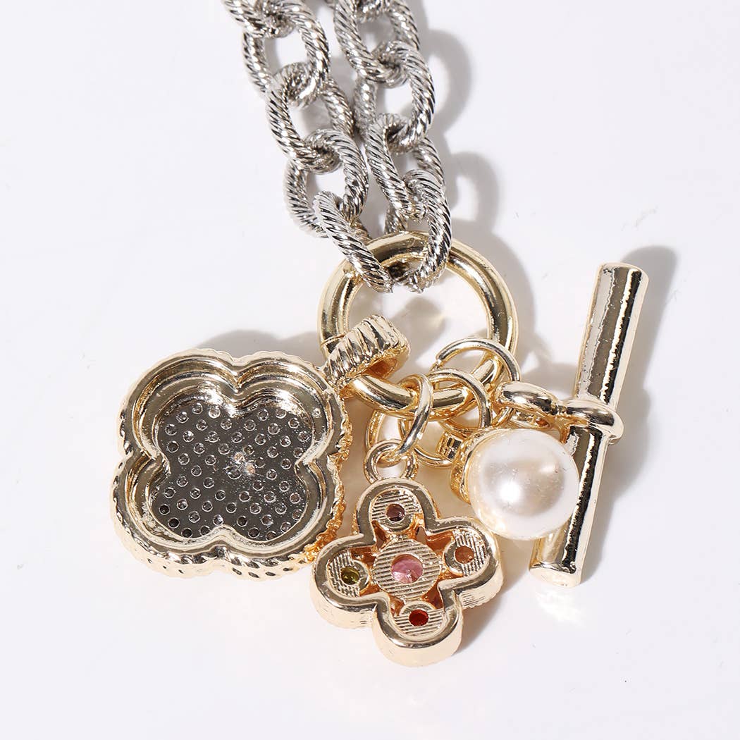 Clover & Pearl Charm Chunky Rope Chain Necklace