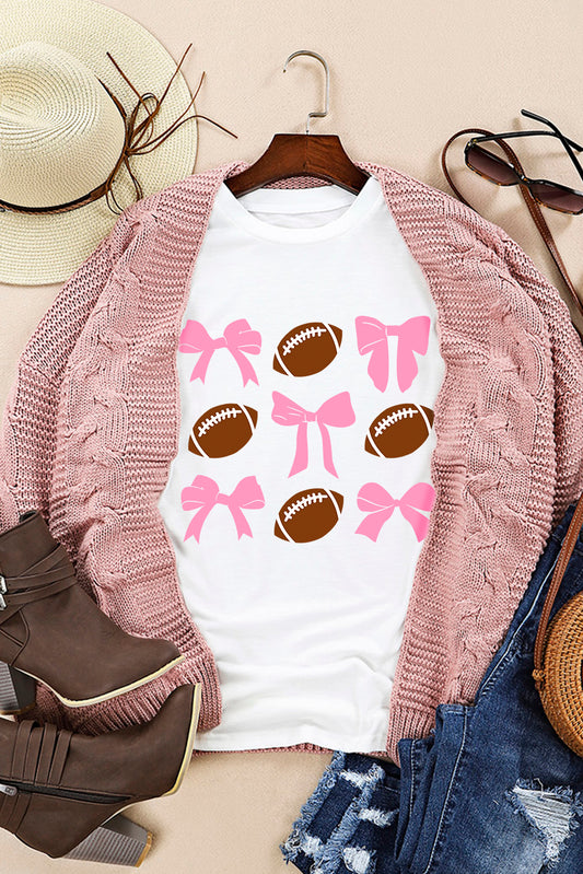 White Bowknot Football Printed Game Day T Shirt
