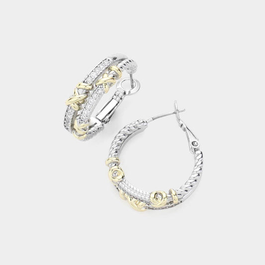 14K Gold Plated CZ Paved Two Tone Crisscross Hoop Earrings