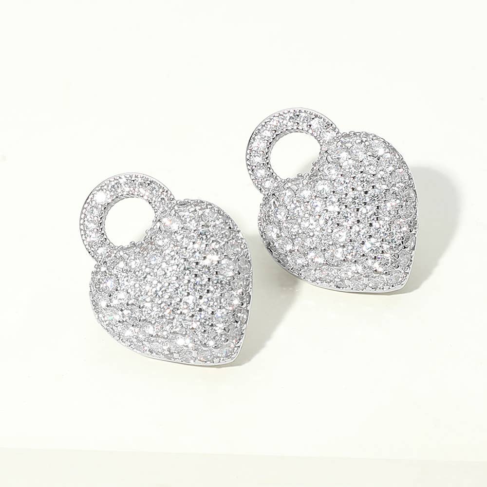 14K Gold Plated Pave Heart Padlock Stud Earrings