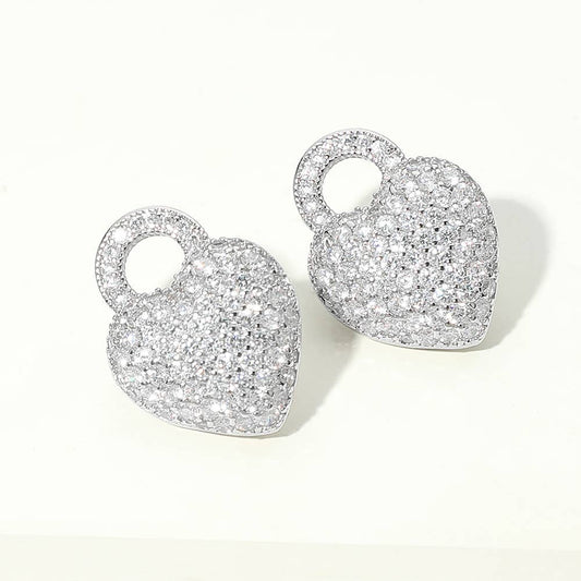 14K Gold Plated Pave Heart Padlock Stud Earrings