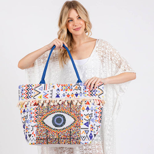 Evil Eye Boho Print Pom Pom fringe Tote Bag