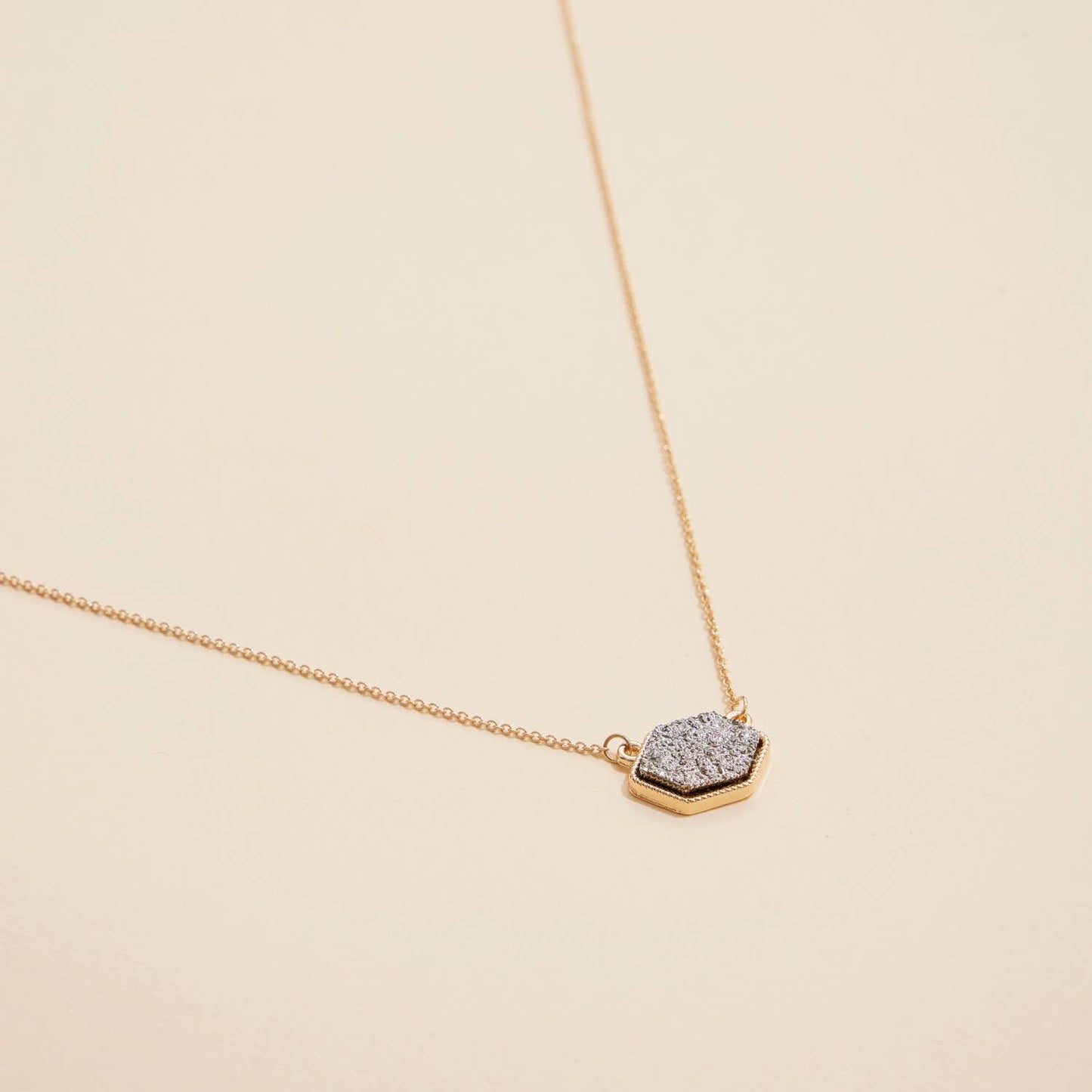 Hexagon Druzy Stone Charm Short Necklace