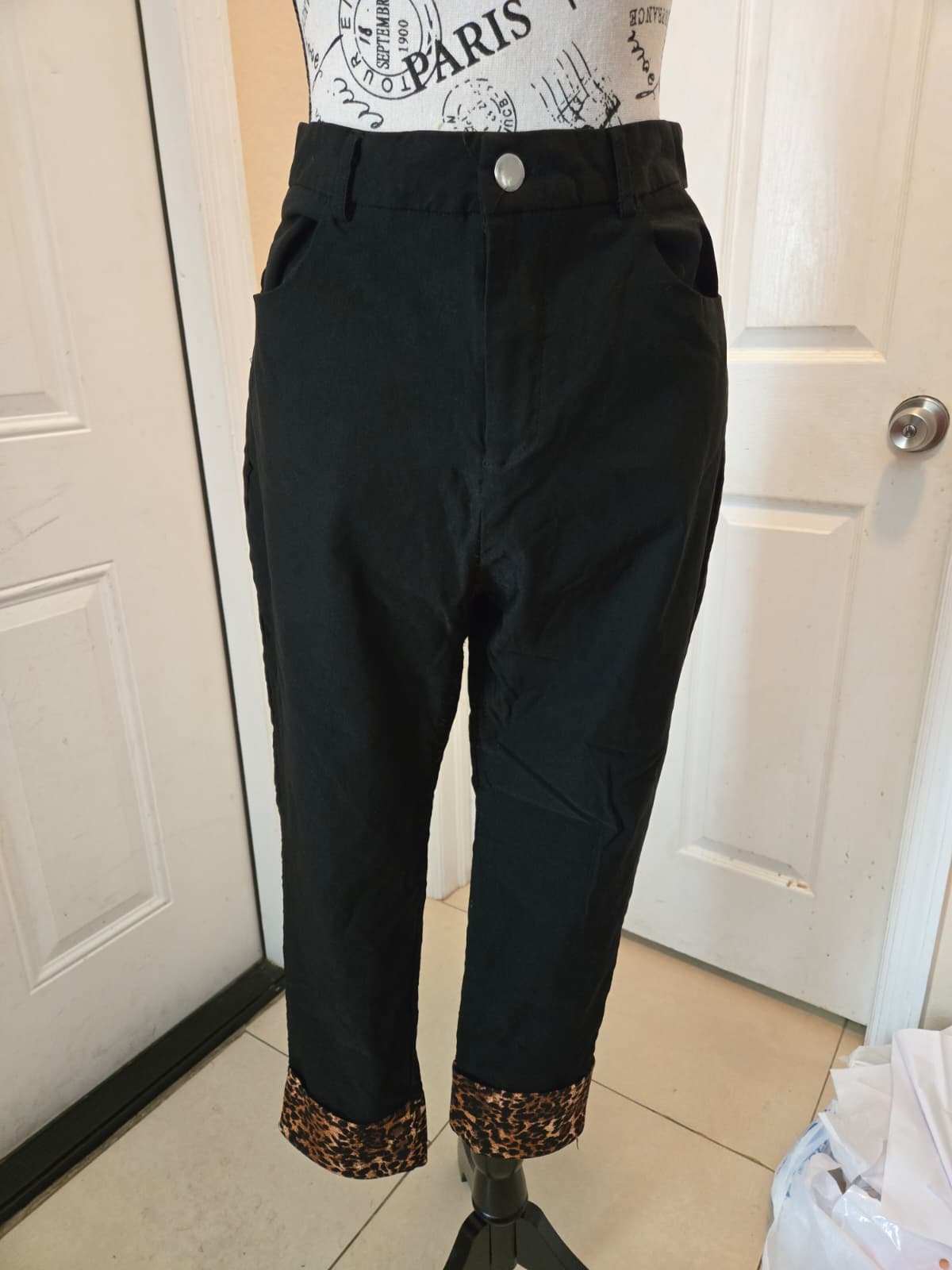 Black Pants with Leopard‑Print Cuffs – Shein Size Large
