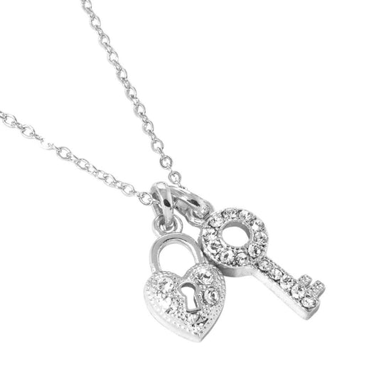 Rhinestone Paved Key Heart Lock Pendant Necklace