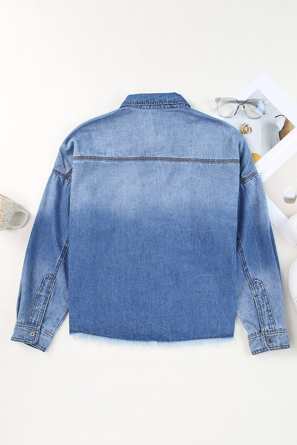Sky Blue Sequin Football Graphic Flap Pockets Raw Hem Game Day Denim Jacket