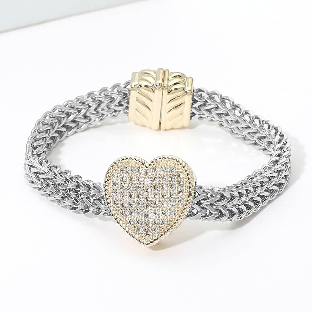14K Gold Plated Two Tone Pave Heart Centerpiece Mesh Chain Magnetic Bracelet