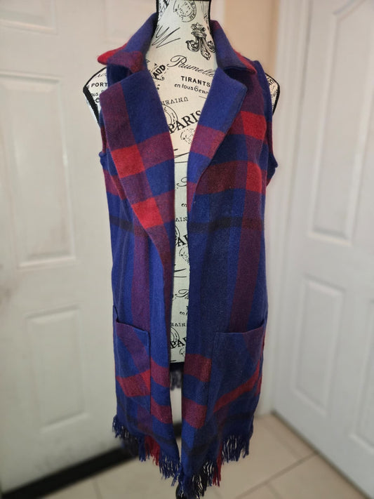 IMAN Women's XS/S Blue & Red Buffalo Plaid Sleeveless Open Front Vest