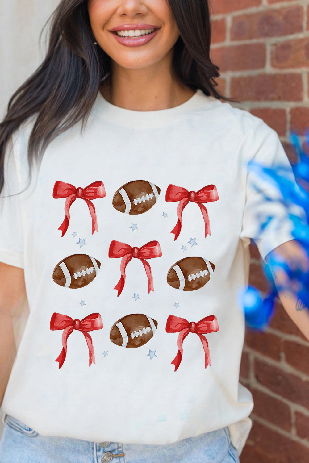 White Bowknot Football Graphic Crew Neck Tee