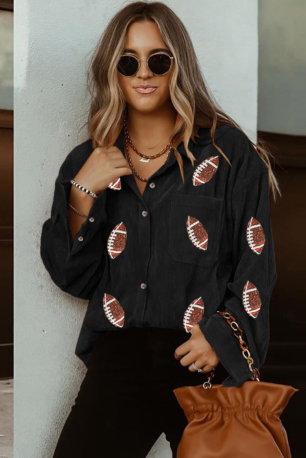 Black Sequin Football Pattern Buttoned Corduroy Shacket