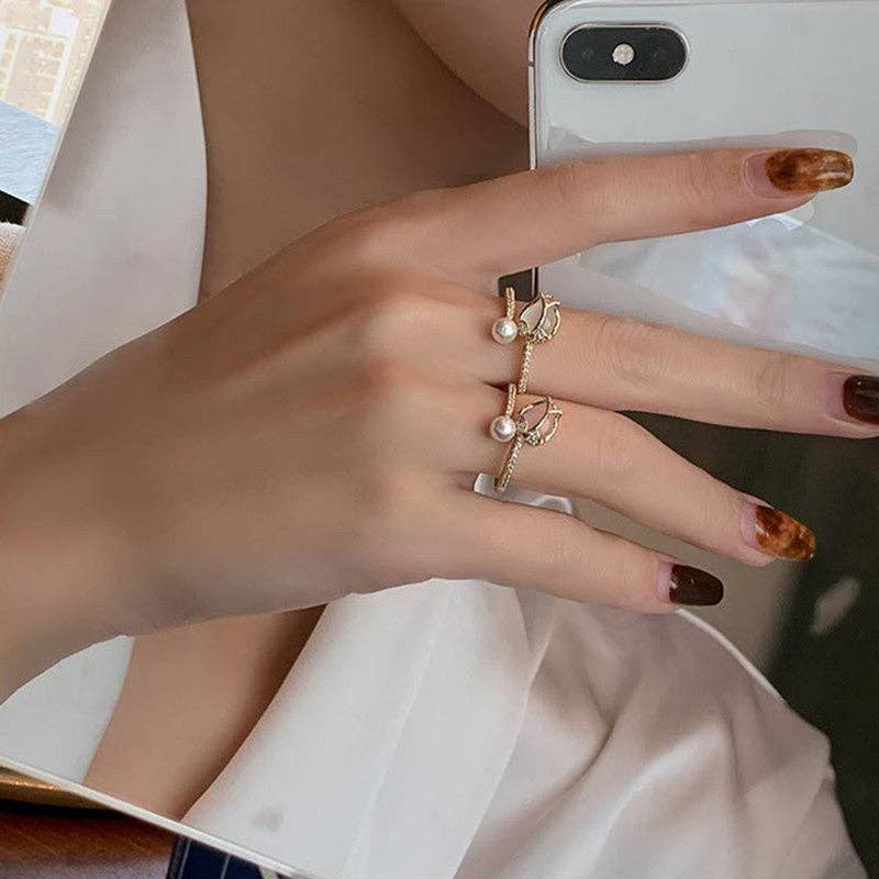 Opal Tulip Flower Pearl Stacking Bypass Ring