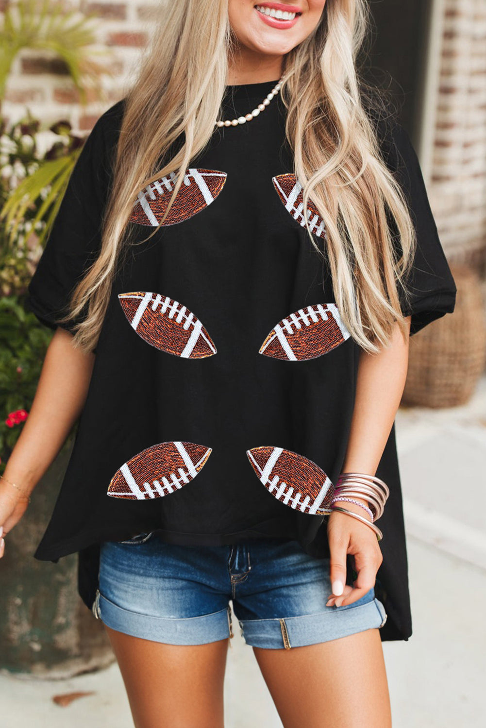 Black Sequin Football Patched Crewneck Loose T Shirt