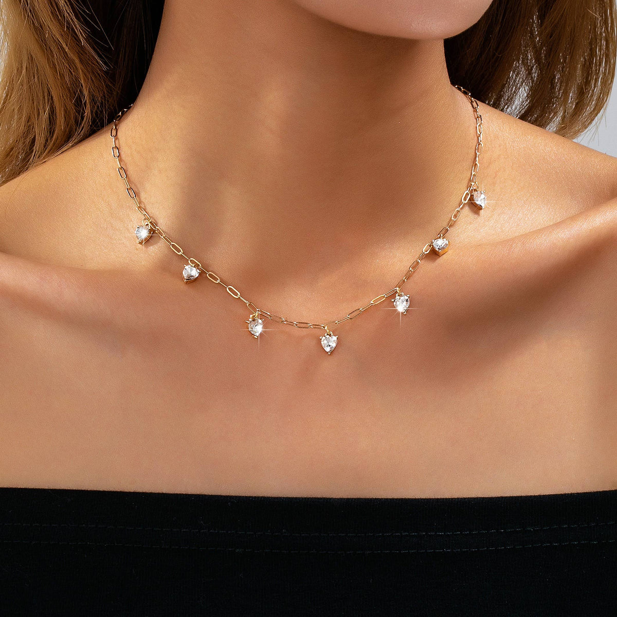 Crystal Heart Shape Paperclip Link Necklace