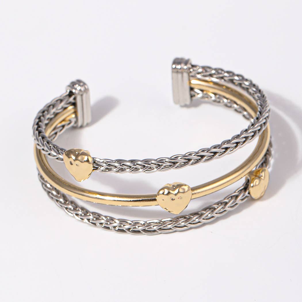 Heart 3 Layer Two-Tone Braided Cuff Bracelet