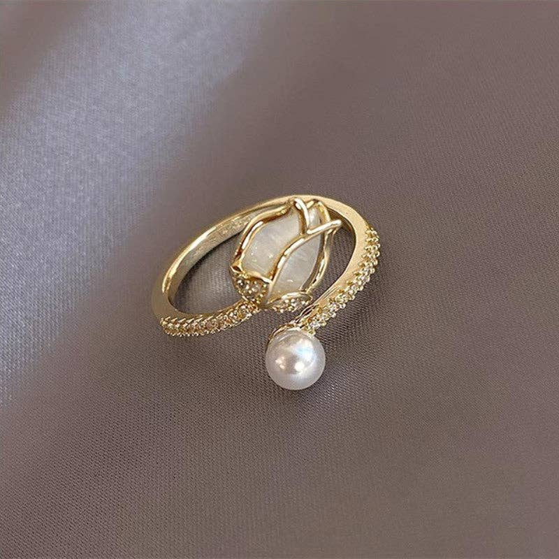 Opal Tulip Flower Pearl Stacking Bypass Ring