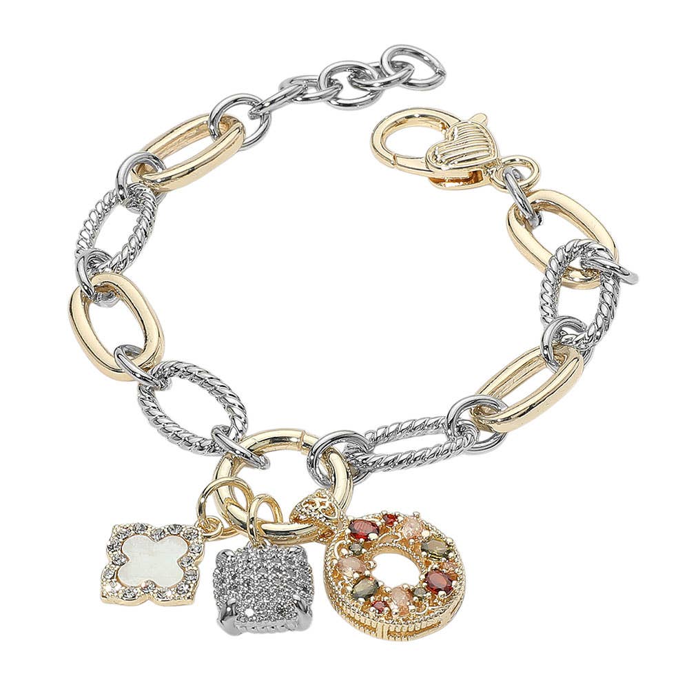14K Gold Plated Two Tone Stone Paved Mother of Pearl Quatrefoil Square Ring Charm Accent Bracelet