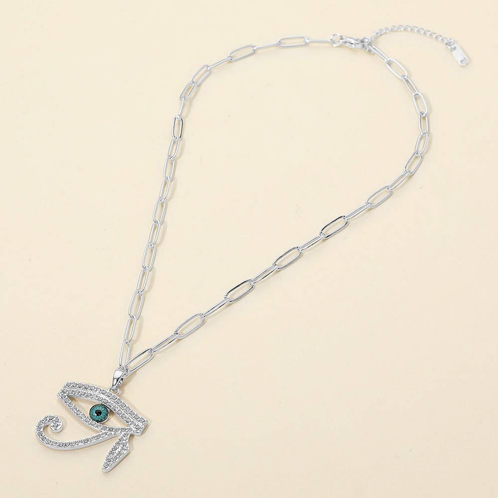 Stainless Steel CZ Stone Paved Eye of Horus Pendant Paperclip Chain Necklace