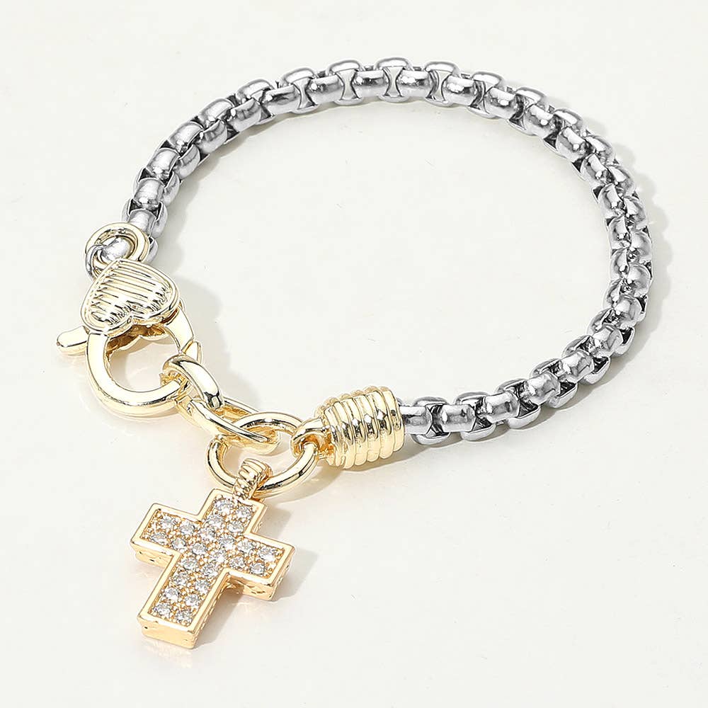 14K Gold Plated Stone Paved Cross Charm Two Tone Bracelet