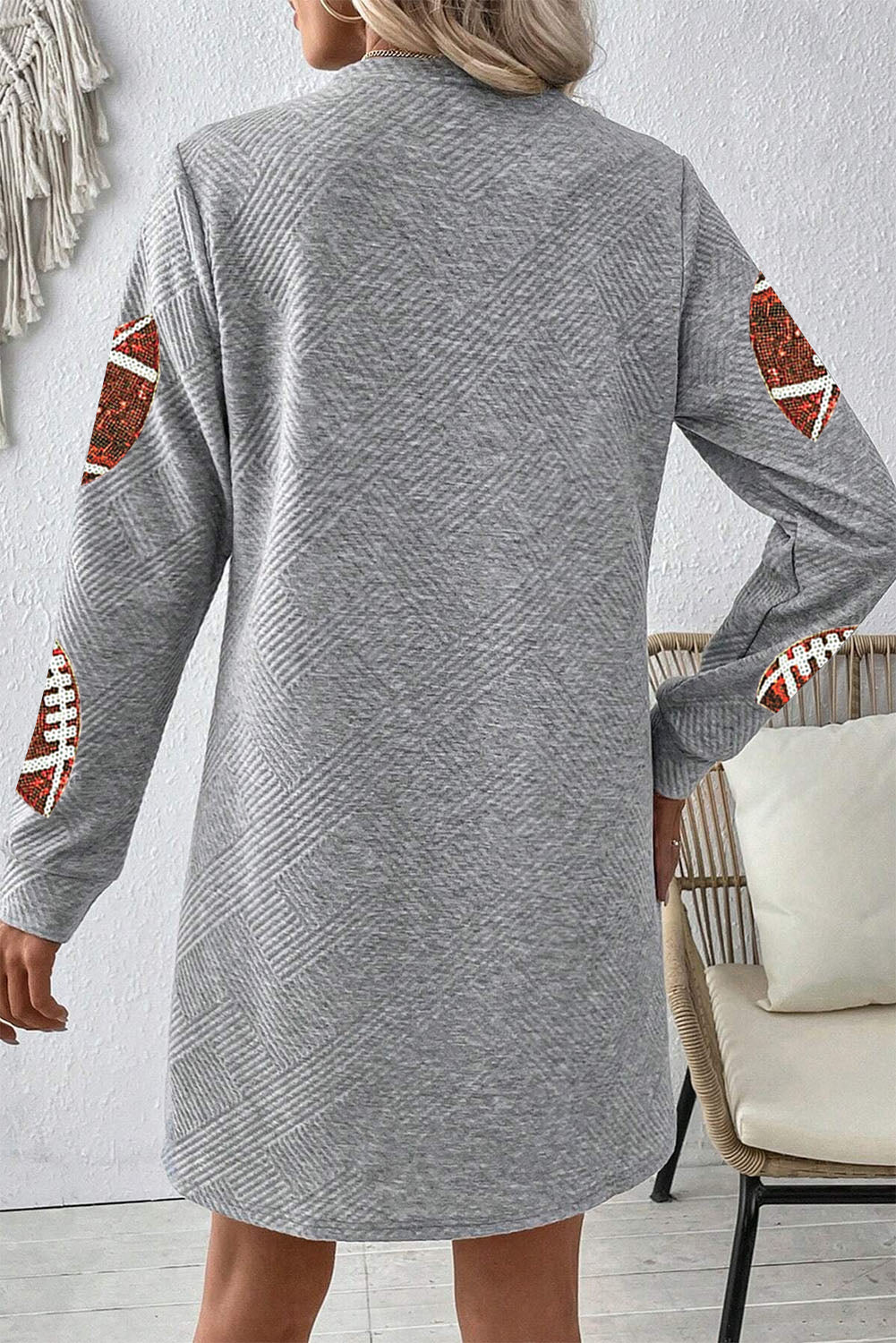 Gray Sequin Football Graphic Textured Long Sleeve Shift Mini Dress