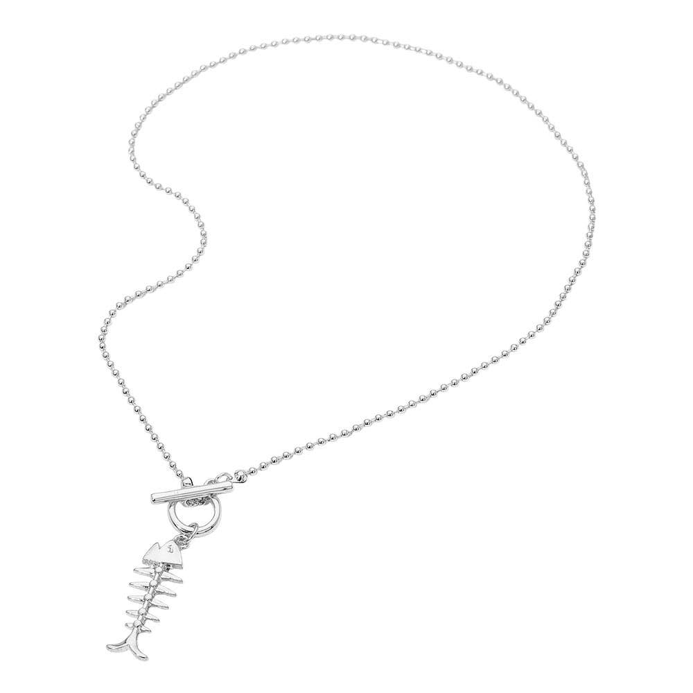 Metal Fishbone Toggle Pendant Beaded Chain Necklace