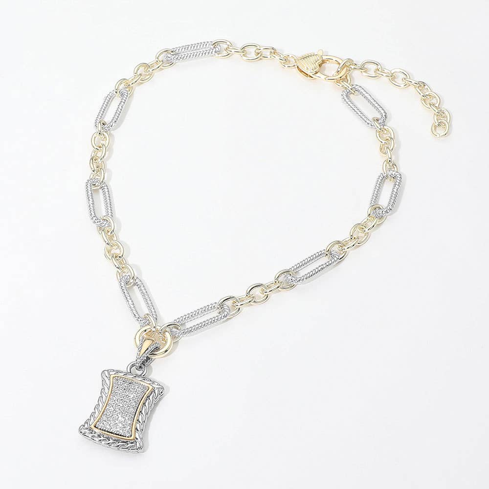 14K Gold Plated Two Tone Pave Rectangular Frame Pendant Necklace