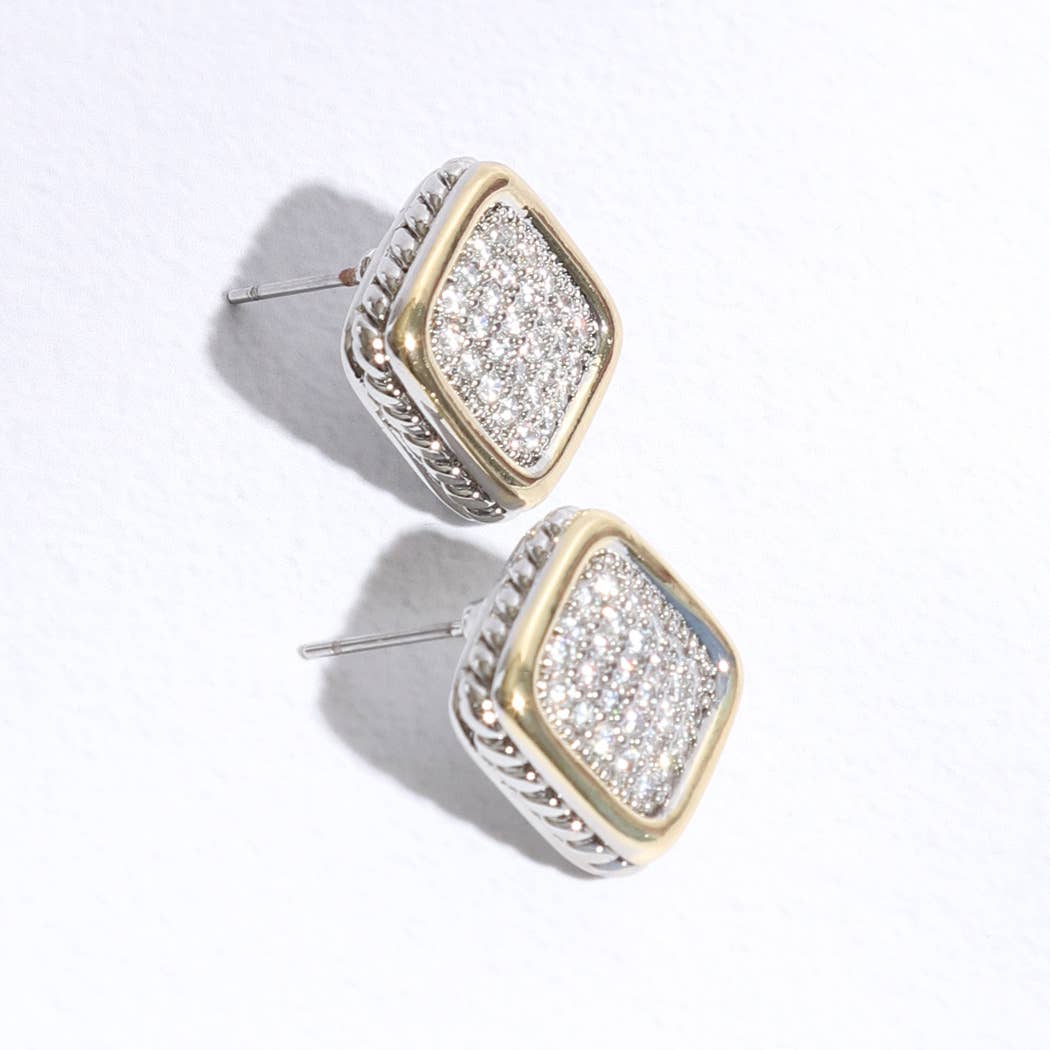 Two-Toned Square Pave Post Earrings