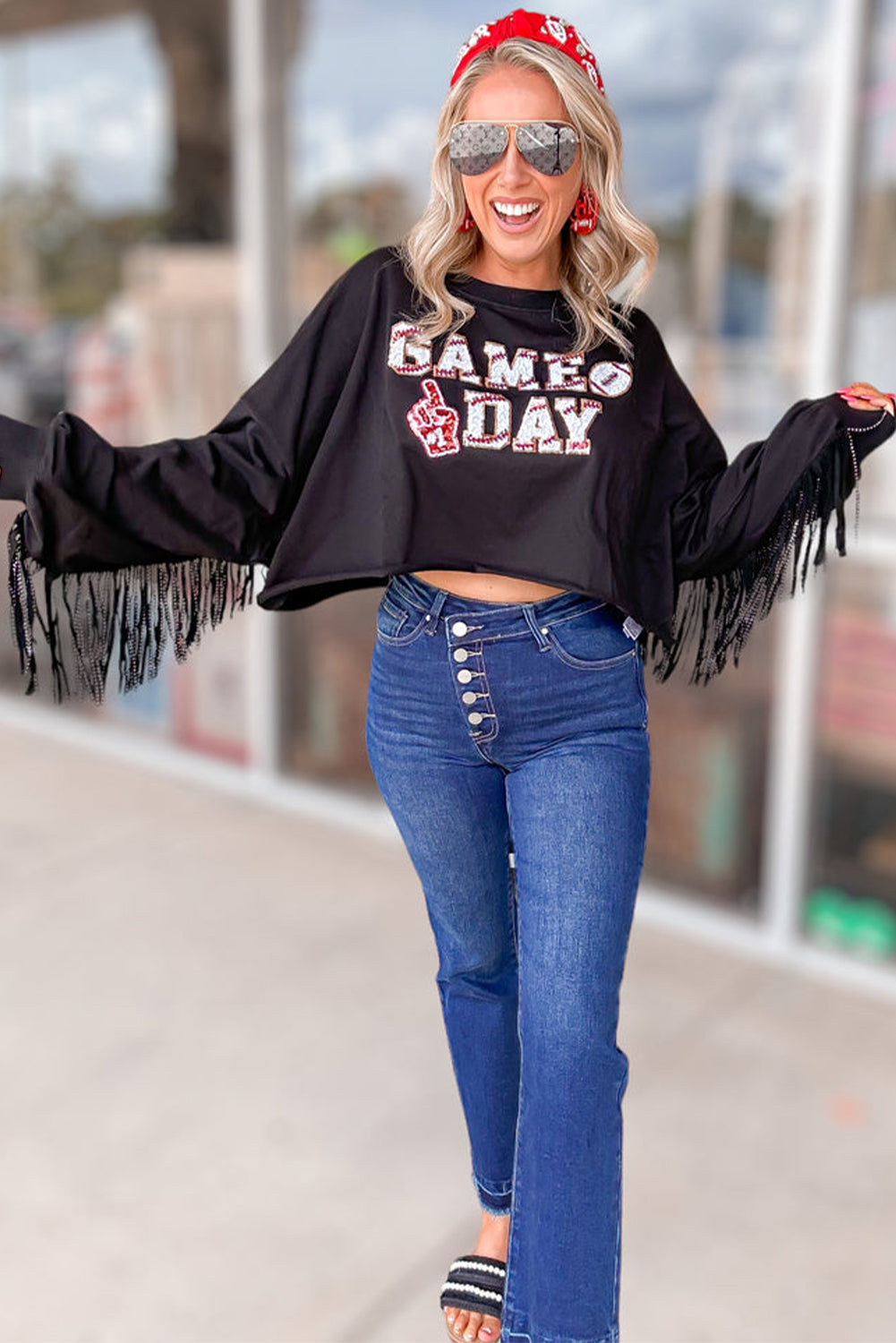 Black GAME DAY Football Sequined Tasseled Cropped Sweatshirt