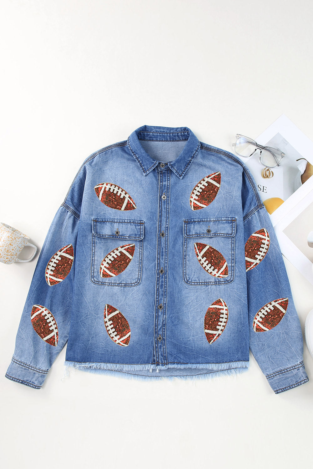Sky Blue Sequin Football Graphic Flap Pockets Raw Hem Game Day Denim Jacket