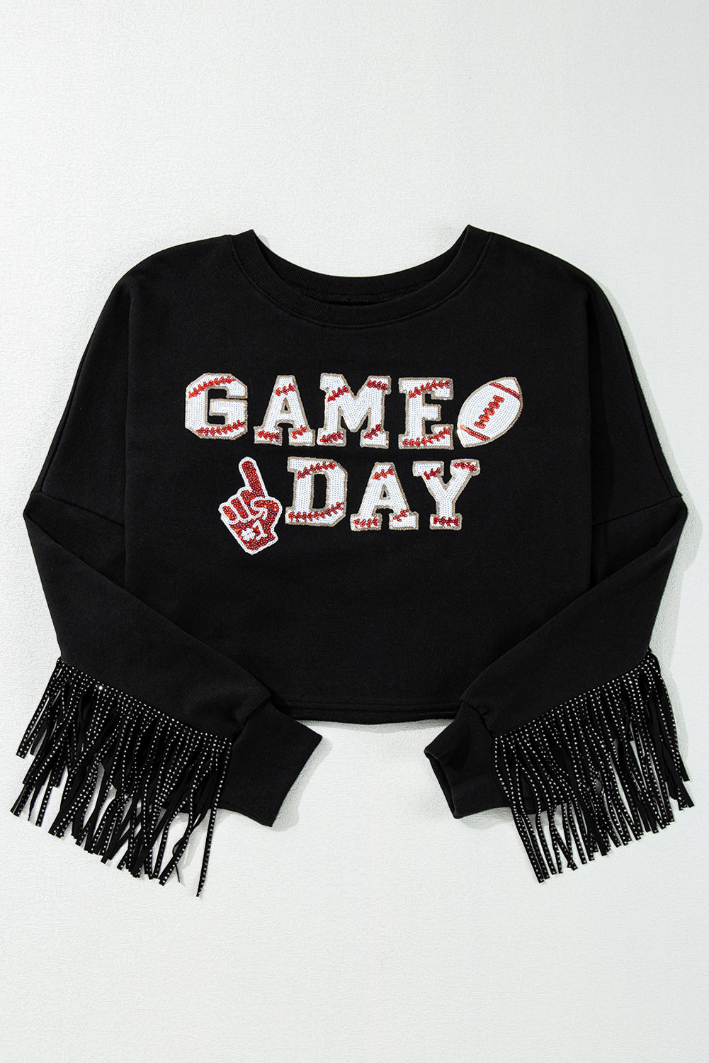 Black GAME DAY Football Sequined Tasseled Cropped Sweatshirt