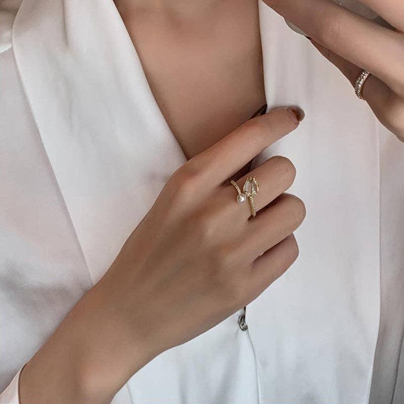 Opal Tulip Flower Pearl Stacking Bypass Ring