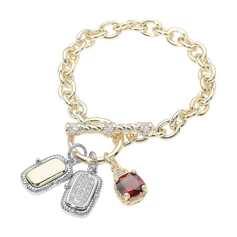 14K Gold Plated Stone Two Tone Bar Charm Accent Toggle Bracelet