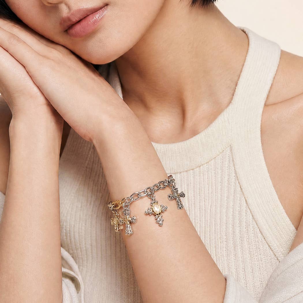 Two Tone 5 Cross Charm Link Bracelet